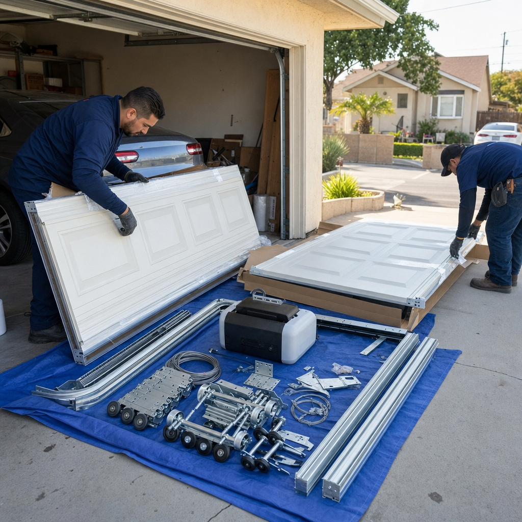 Professional technicians preparing garage door panels and hardware for installation