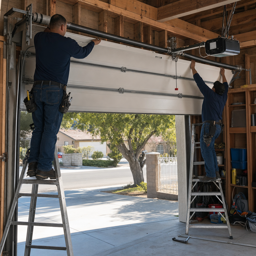 Two professional technicians installing a residential garage door