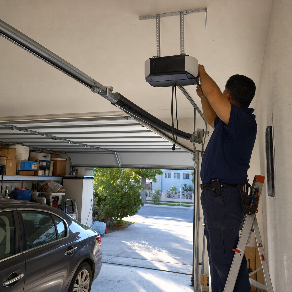 Technician installing a garage door opener motor