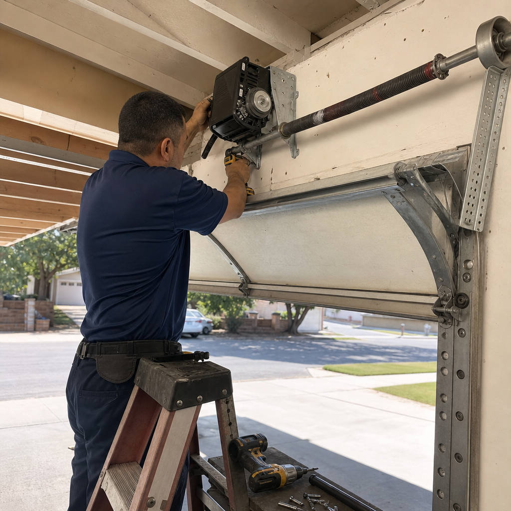 Technician professional installing a wall-mounted garage door opener on a ladder