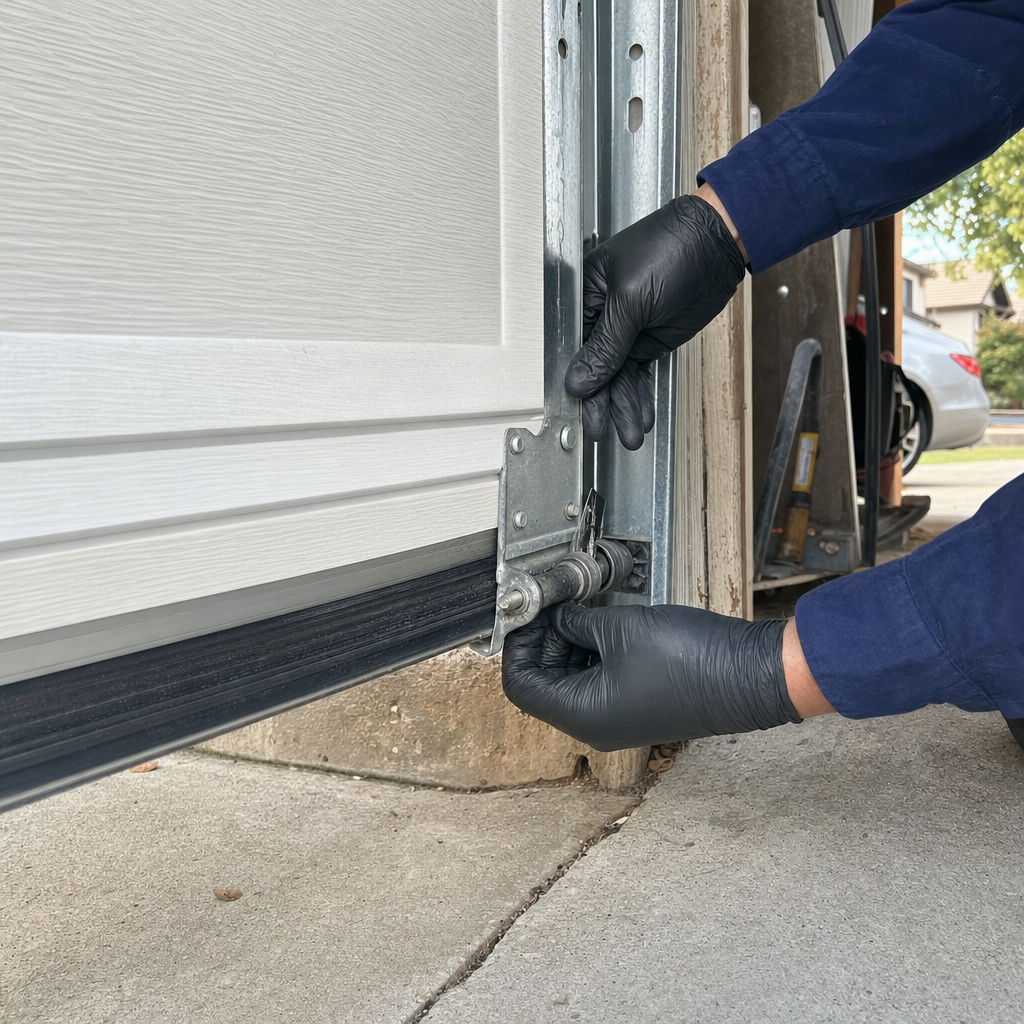 Technician performing professional garage door parts maintenance and repair