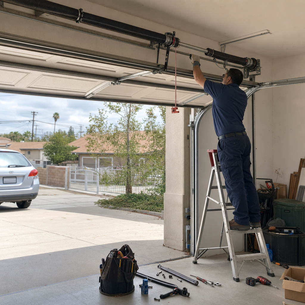 Professional technician repairing residential garage door torsion springs