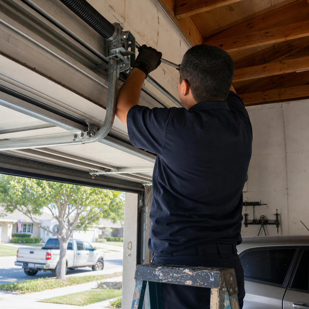 Technician performing professional garage door spring repair and maintenance