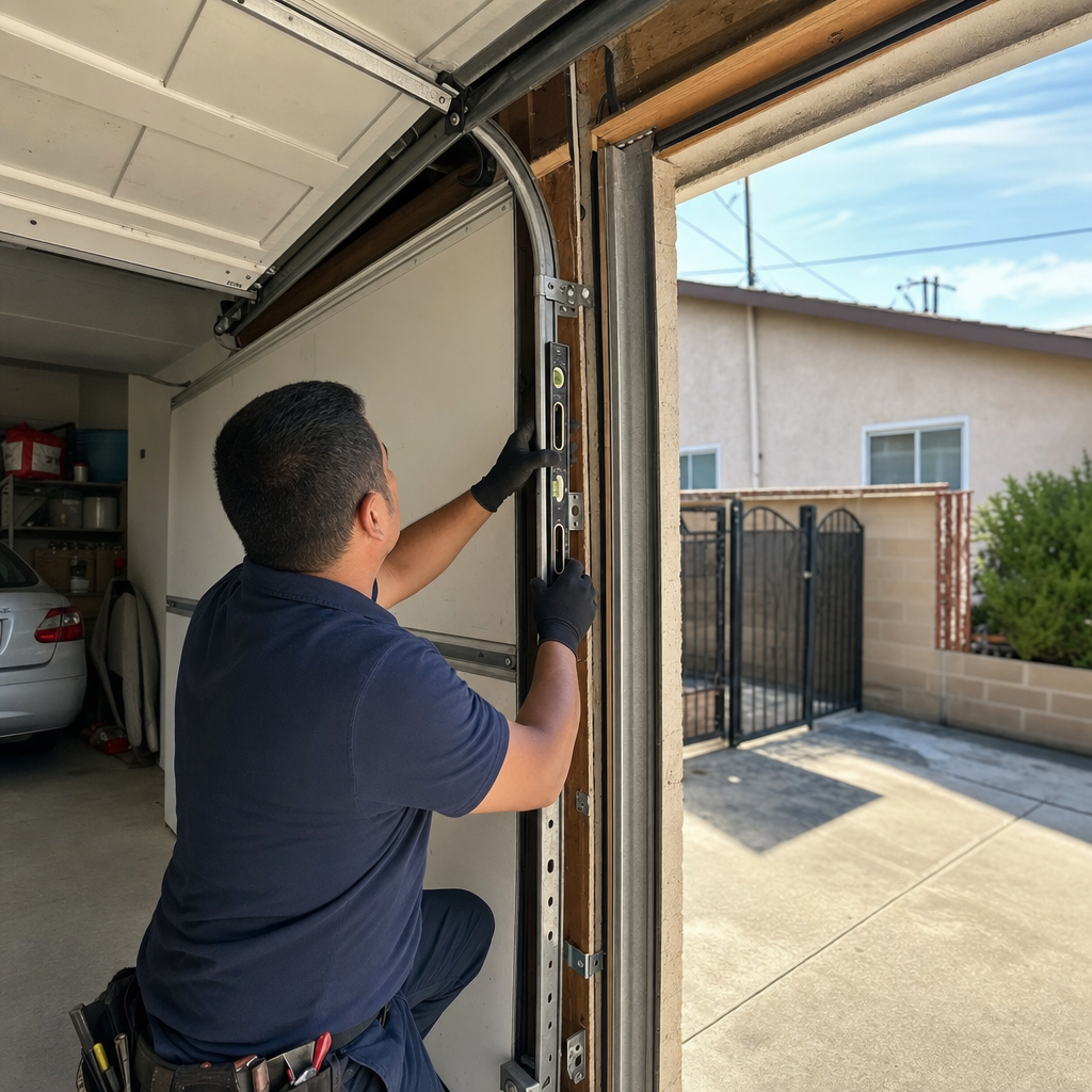 Technician using a spirit level to align garage door track