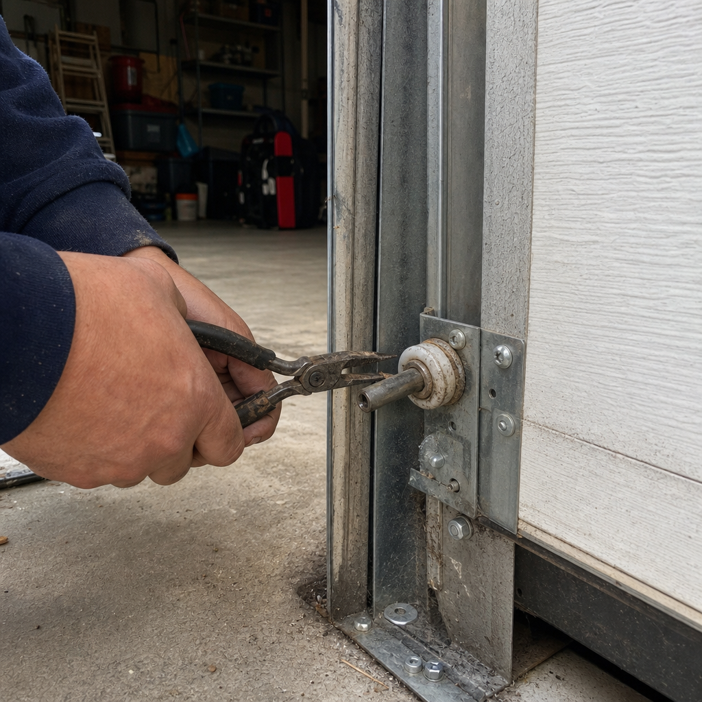Technician using pliers to perform professional garage door roller repair