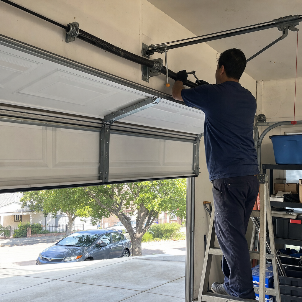 Technician performing professional garage door spring repair and maintenance in California, CA