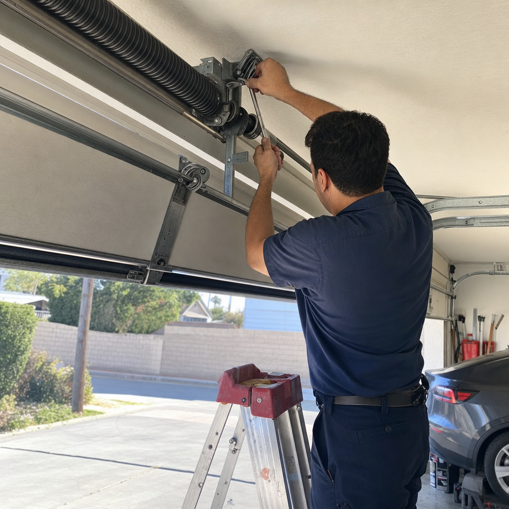 Technician performing emergency garage door spring repair and maintenance in California, CA