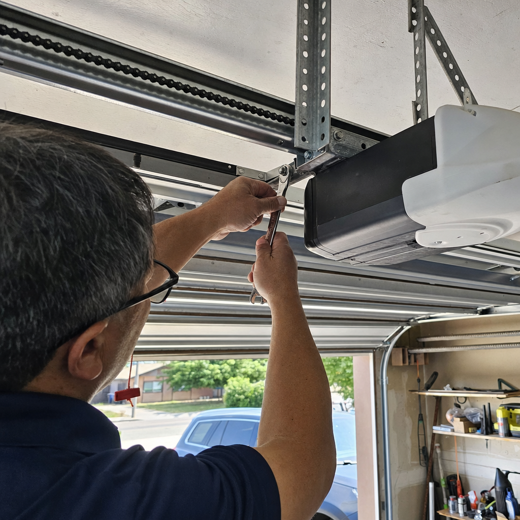 Technician repairing a garage door opener motor with a hand tool