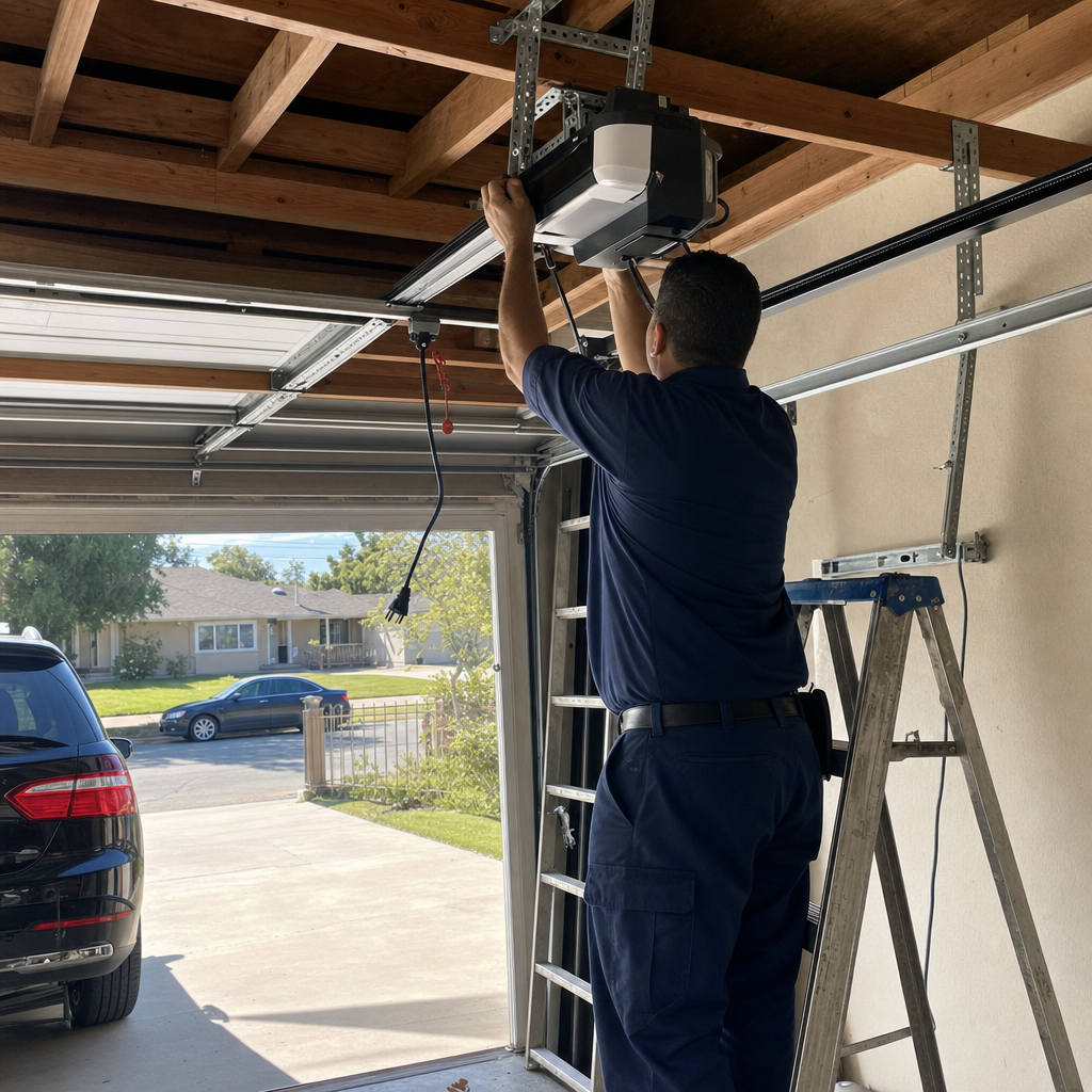 Technician performing professional garage door opener installation and repair