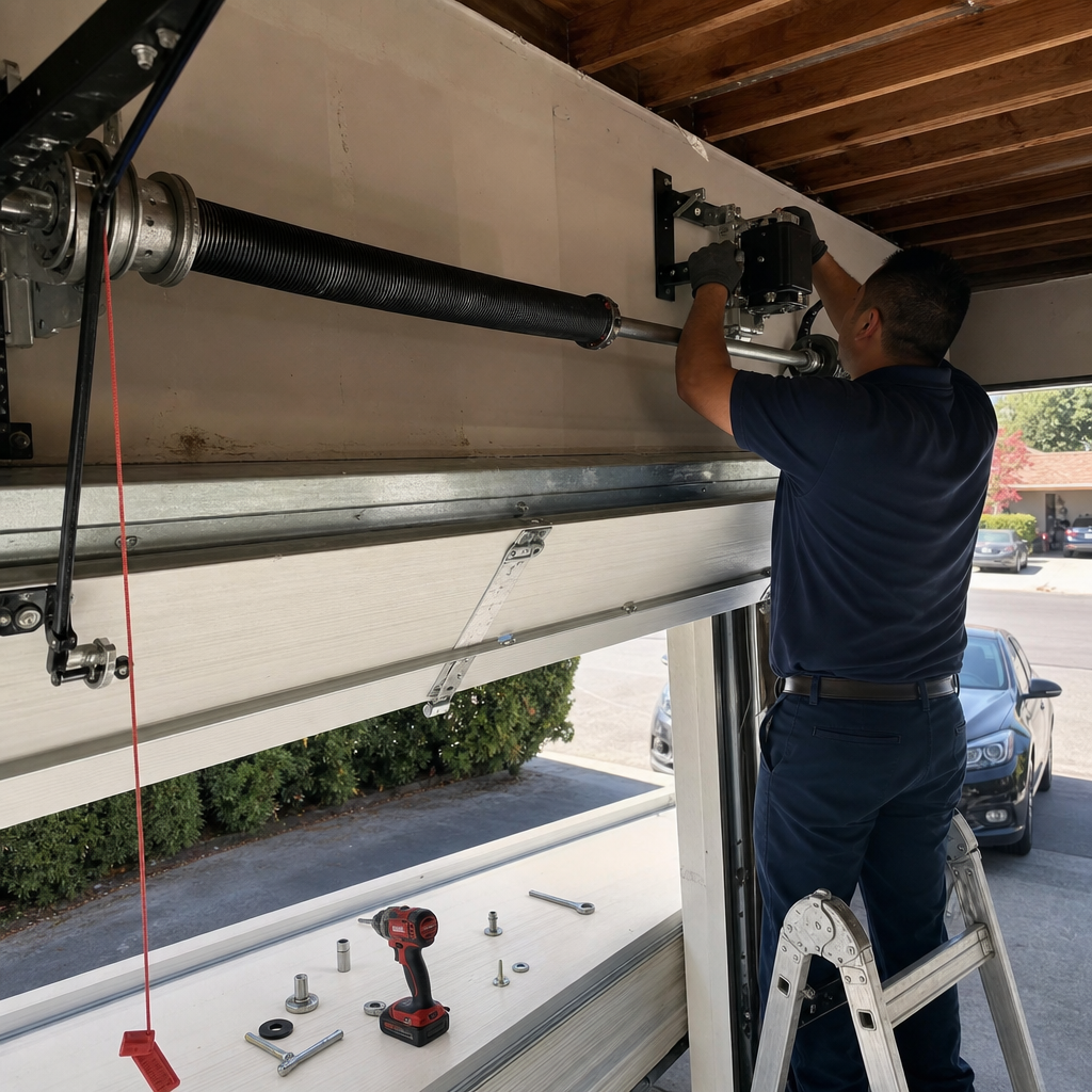 Technician installing a modern garage door opener motor